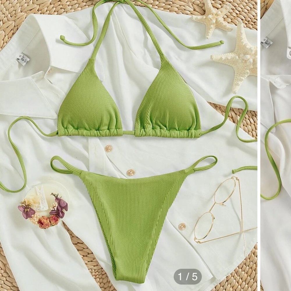 Rib Tie Back Halter Triangle Bikini Swimsuit
